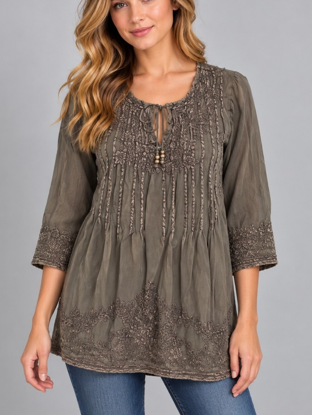SOLITAIRE Gray Floral Embroidered Pintucked Tie Neck Boho Tunic